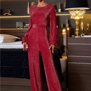 BOUTIQUE Perfee Elegant Cutout Round Neck Long Sleeve Jumpsuit, Red